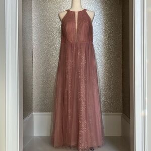 Azazie custom sized bridesmaid dress, dusty rose tulle and lace.
